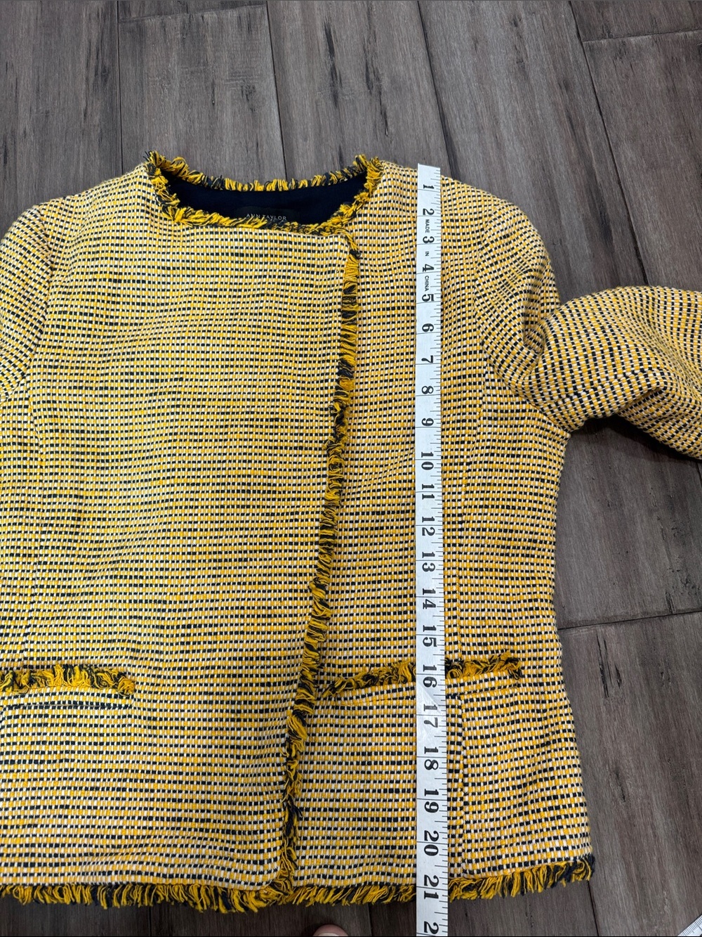 Ann Taylor Yellow and Black Tweed Fringe Open-Front Blazer - Picture 8 of 8